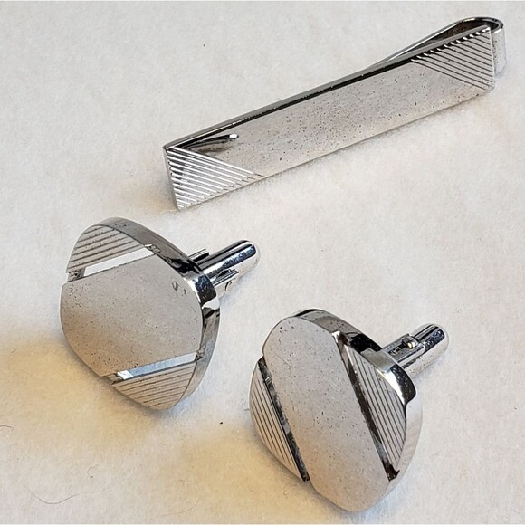 Sterling Men's Cuff Links and Tie Clip - Picture 1 of 7